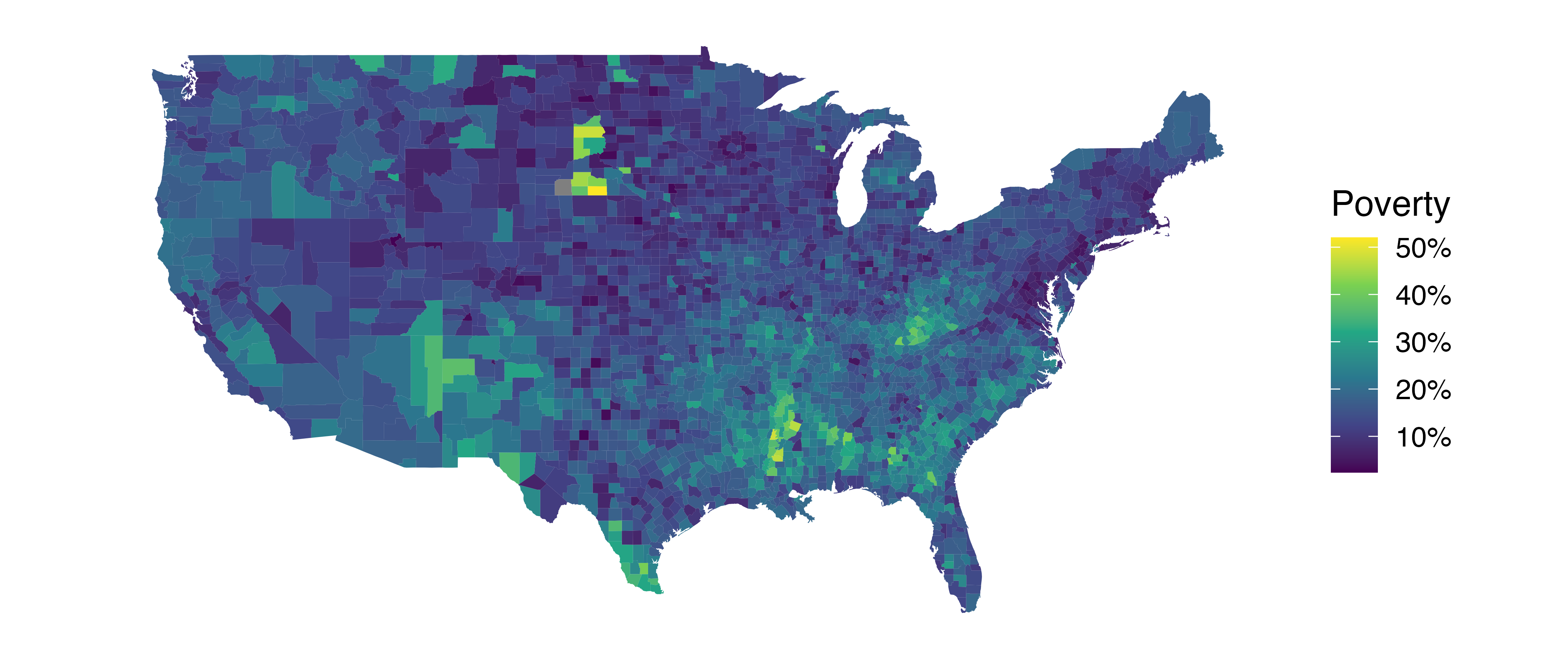 Four intensity map (also called heatmaps) of the United States. Each county is colored by the value of a variables. In the first plot, the county is colored by the poverty rate which is higher in the south and parts of the midwest. In the second plot, the county is colored by the unemployment rate which seems higher in the southwest and parts of the post-industrial Midwest. In the third plot, the county is colored by home ownership rate which is lowest on the west coast. In the fourth and last plot, the county is colored by median household income which is highest in the Bay Area and along the New England coast.