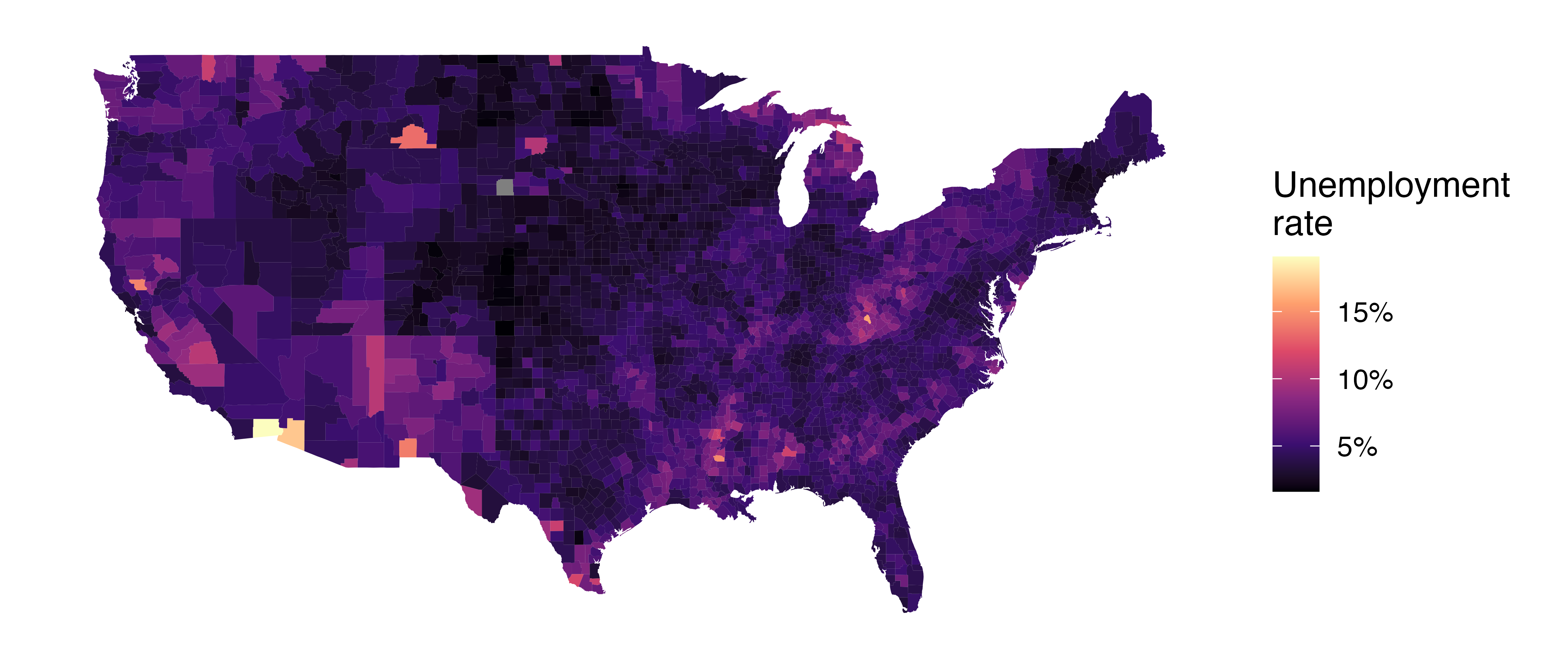Four intensity map (also called heatmaps) of the United States. Each county is colored by the value of a variables. In the first plot, the county is colored by the poverty rate which is higher in the south and parts of the midwest. In the second plot, the county is colored by the unemployment rate which seems higher in the southwest and parts of the post-industrial Midwest. In the third plot, the county is colored by home ownership rate which is lowest on the west coast. In the fourth and last plot, the county is colored by median household income which is highest in the Bay Area and along the New England coast.