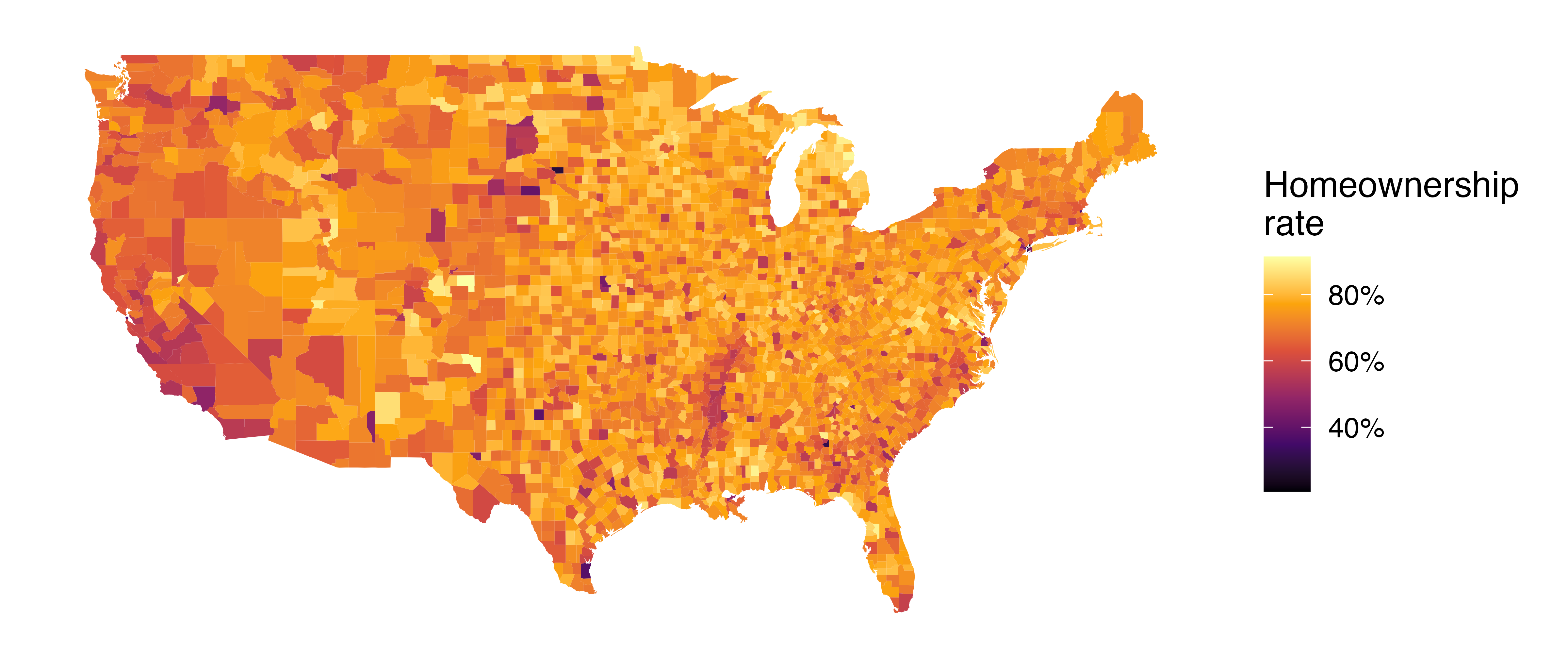 Four intensity map (also called heatmaps) of the United States. Each county is colored by the value of a variables. In the first plot, the county is colored by the poverty rate which is higher in the south and parts of the midwest. In the second plot, the county is colored by the unemployment rate which seems higher in the southwest and parts of the post-industrial Midwest. In the third plot, the county is colored by home ownership rate which is lowest on the west coast. In the fourth and last plot, the county is colored by median household income which is highest in the Bay Area and along the New England coast.