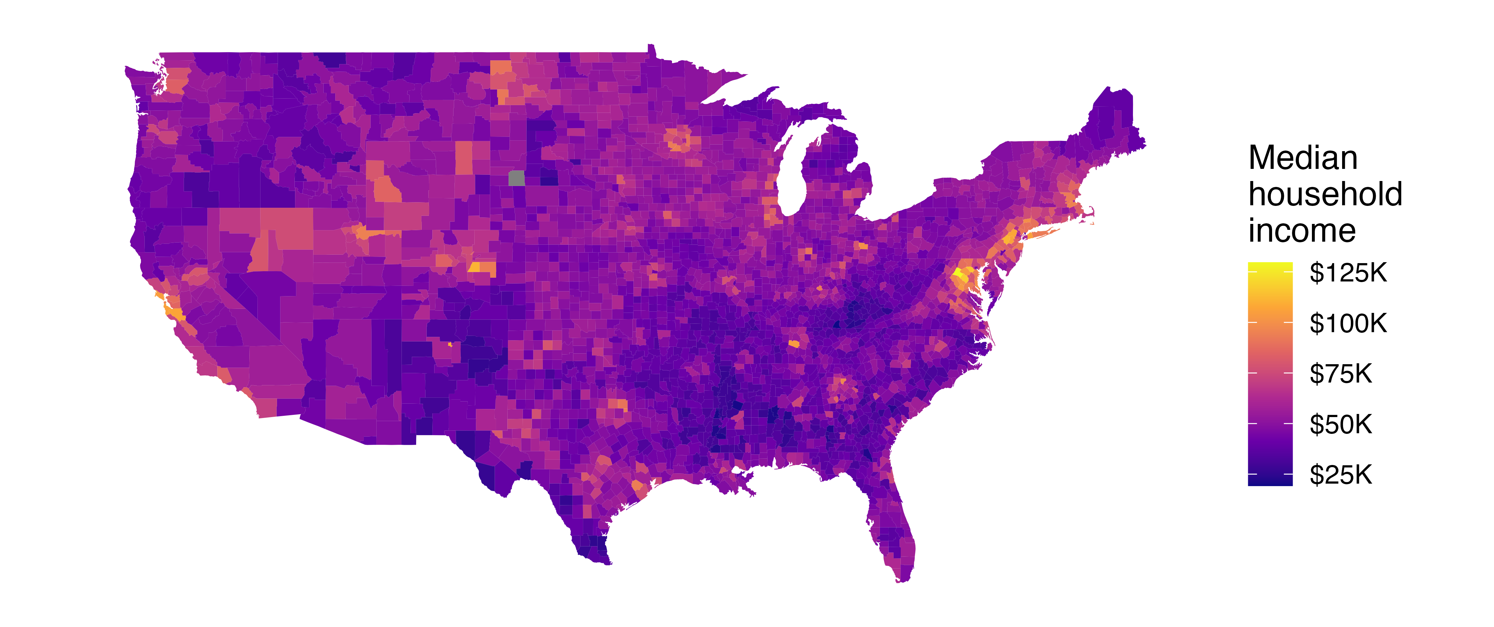 Four intensity map (also called heatmaps) of the United States. Each county is colored by the value of a variables. In the first plot, the county is colored by the poverty rate which is higher in the south and parts of the midwest. In the second plot, the county is colored by the unemployment rate which seems higher in the southwest and parts of the post-industrial Midwest. In the third plot, the county is colored by home ownership rate which is lowest on the west coast. In the fourth and last plot, the county is colored by median household income which is highest in the Bay Area and along the New England coast.